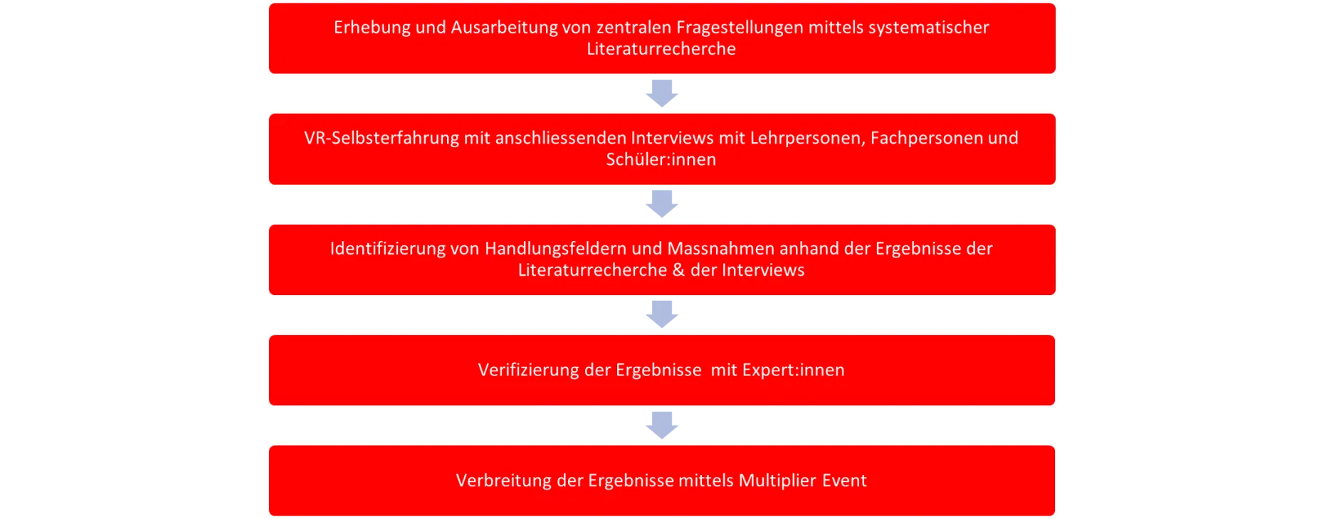 Das Projekt wurde in fünf Schritten durchgeführt: 1. Erhebung und Ausarbeitung von zentralen Fragestellungen mittels systematischer Literaturrecherche 2. VR-Selbsterfahrung mit anschliessenden Interviews mit Lehrpersonen, Fachpersonen und Schüler:innen 3. Identifizierung von Handlungsfeldern und Massnahmen anhand der Ergebnisse der Literaturrecherche & der Interviews 4. Verifizierung der Ergebnisse  mit Expert:innen 5. Verbreitung der Ergebnisse mittels Multiplier Event