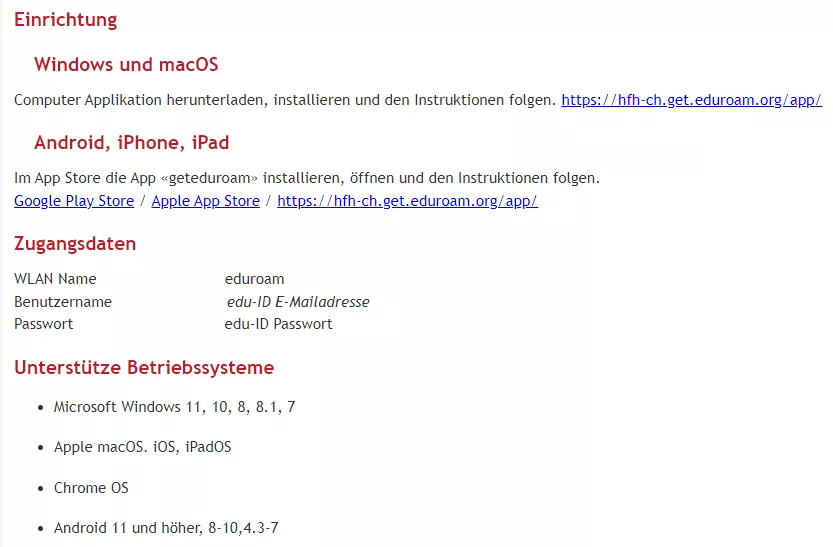 Screenshot von ILIAS mit den Informationen zum eduroam.