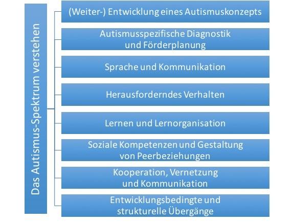 Visualisierung der neun Themenbereiche autismusspezifischer Kompetenzen.