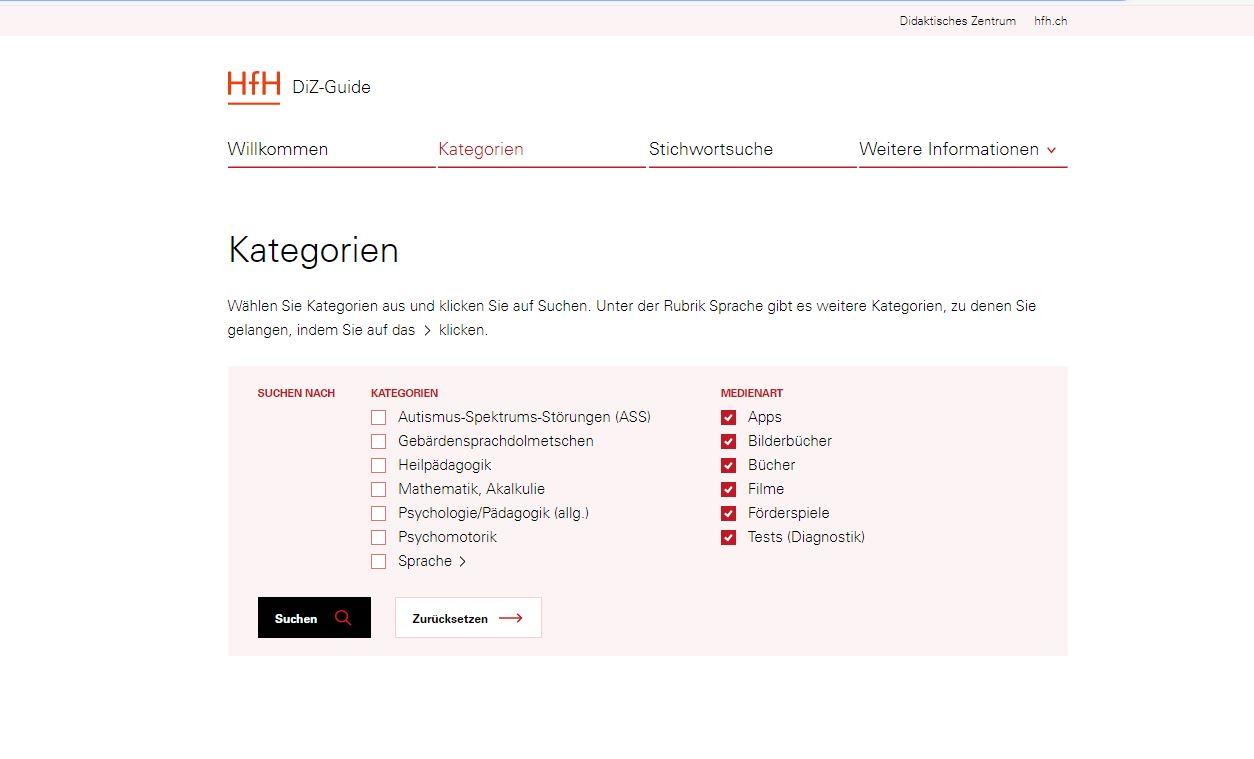 Kategorien im Digitalen Guide DiZ: Filterwahl möglich nach Kategorien und Medienart